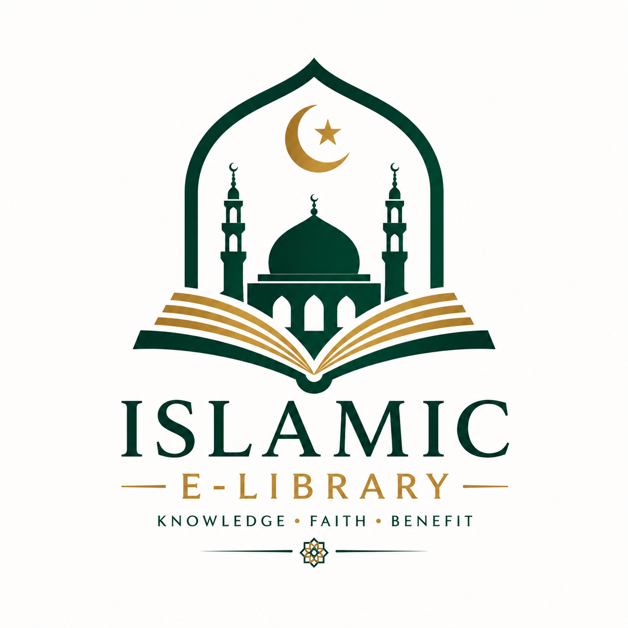 Islamic E-Library logo. The logo contains an open book representing knowledge. Above the book is a green mosque with two minarets beneath a golden crescent and star, symbolizing Islam. The logo represents authentic Islamic knowledge that is freely accessible to Muslims, students, scholars and visually impaired users.